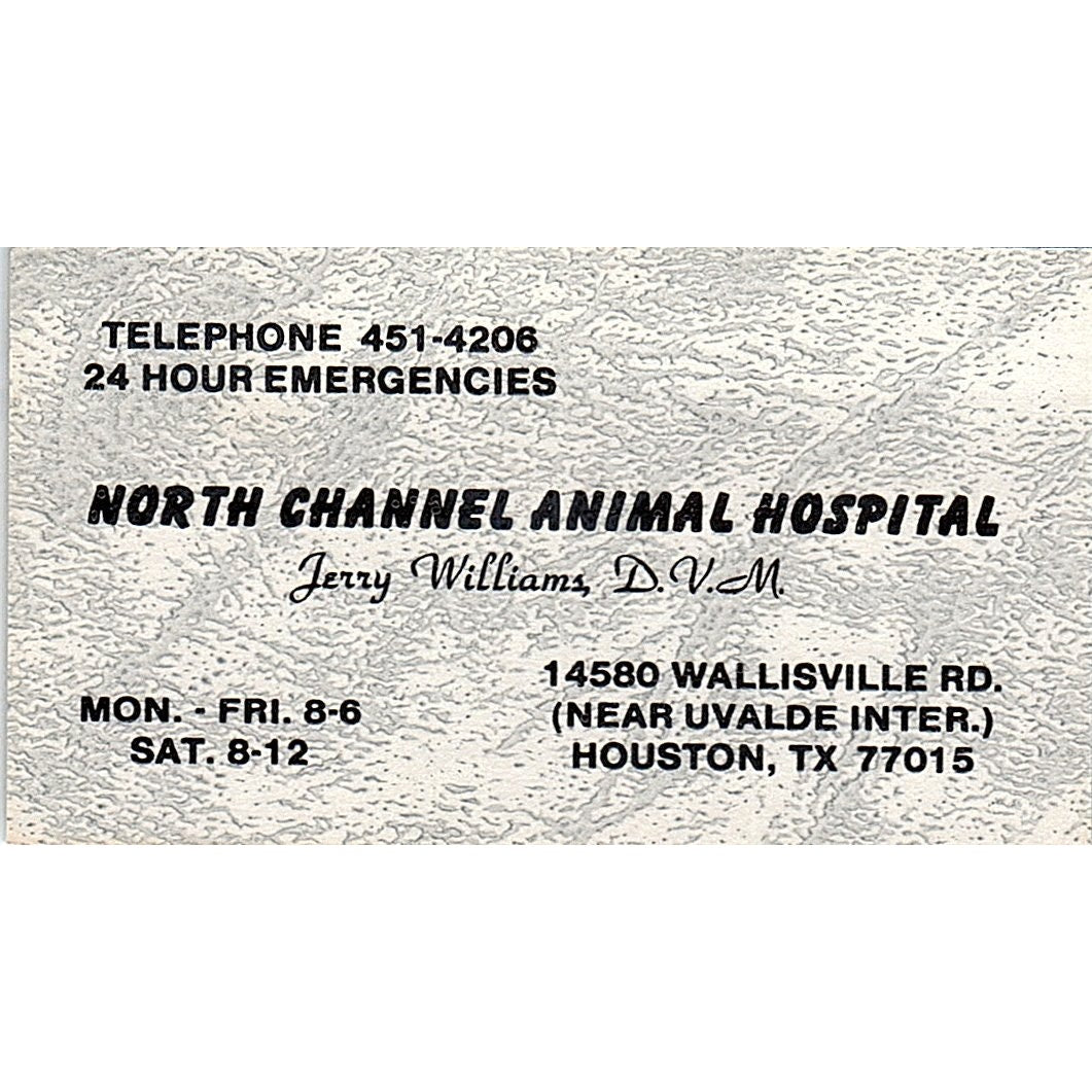 Jerry Williams DVM North Channel Animal Hospital Houston Business Card SE5-B3