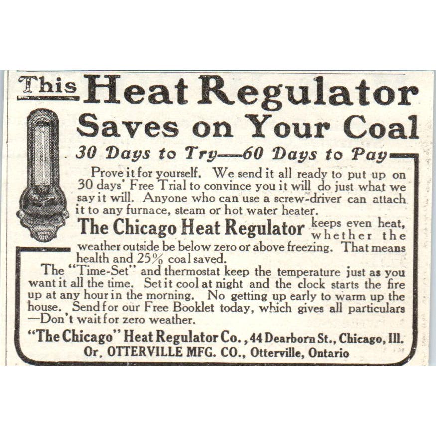 Chicago Heat Regulator Co c1905 Original Magazine Advertisement AE7-A3