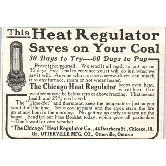 Chicago Heat Regulator Co c1905 Original Magazine Advertisement AE7-A3