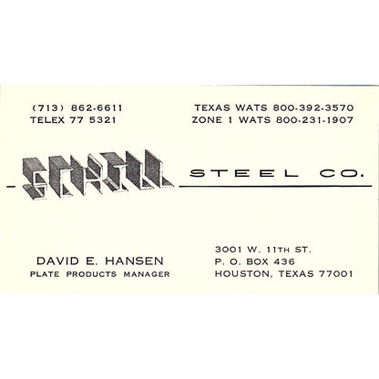 David E Hansen Schill Steel Co Houston Vintage Business Card SE5-B2