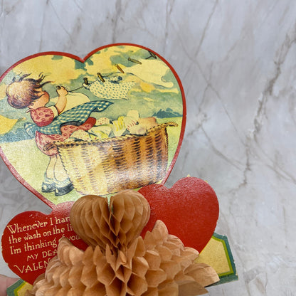 Vintage Honeycomb Tissue Fold Out Valentine Girl Hanging Laundry TF5-L1