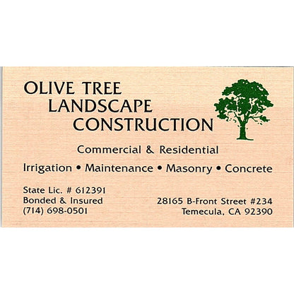 Olive Tree Landscape Construction Temecula CA Vintage Business Card SC9-B8