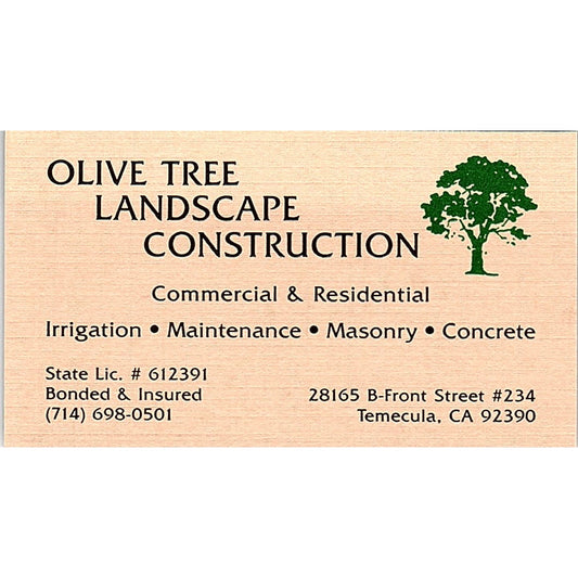 Olive Tree Landscape Construction Temecula CA Vintage Business Card SC9-B8