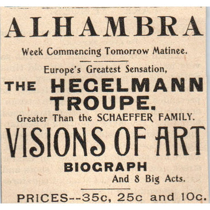 Alhambra - The Hegelmann Troupe Milwaukee 1898 Newspaper Clip AF7-SS9