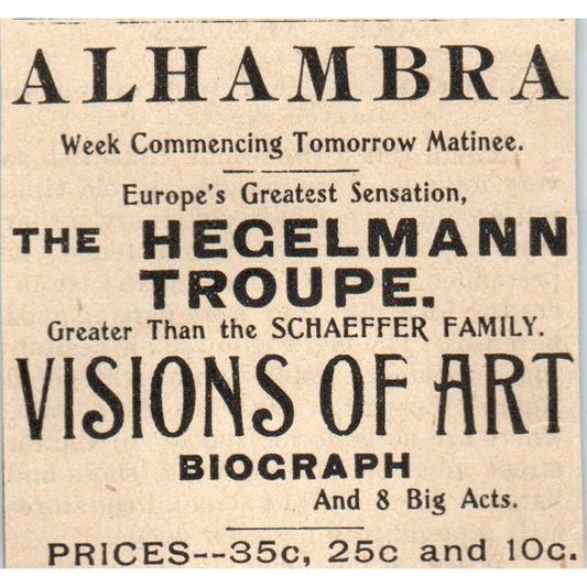 Alhambra - The Hegelmann Troupe Milwaukee 1898 Newspaper Clip AF7-SS9