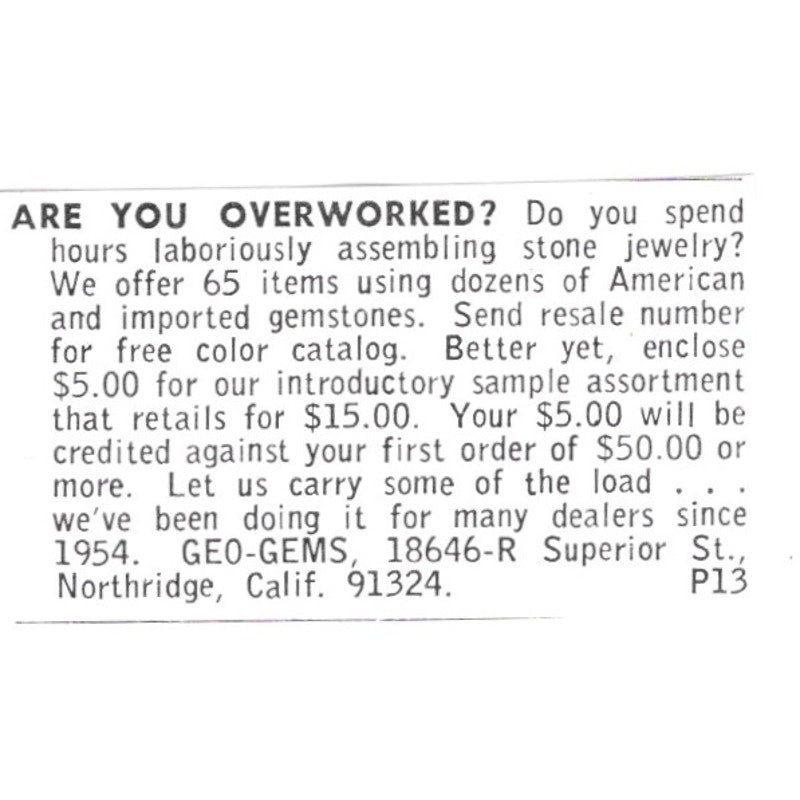 Geo-Gems Home Jewelry Business Northridge California 1972 Ad AF8-S8