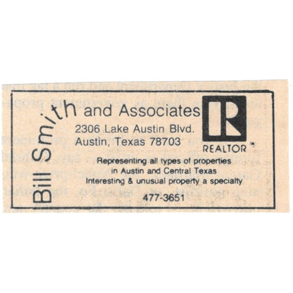 Bill Smith and Associates Realtor Austin TX 1984 Ad AF6-M3