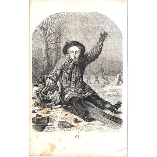 Oh - Boy Spilled Basket of Food - Louderback 1857 Original Art Engraving D19-4