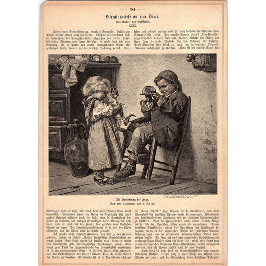 Children with Cat The Little Thief in the Pantry by A. Rotta 1892 Engraving V1-3