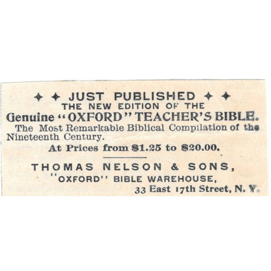 Thomas Nelson and Sons Oxford Bible Warehouse East 17th St NY 1894 Ad AB6-S7