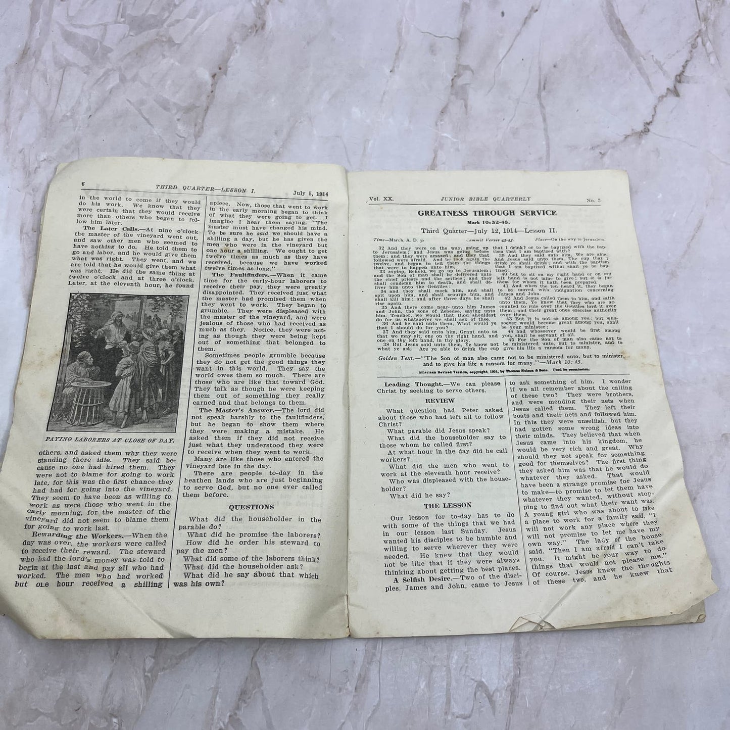 1914 Junior Bible Quarterly Laborers in the Vineyard Matt 20:1-16 TG8-VV