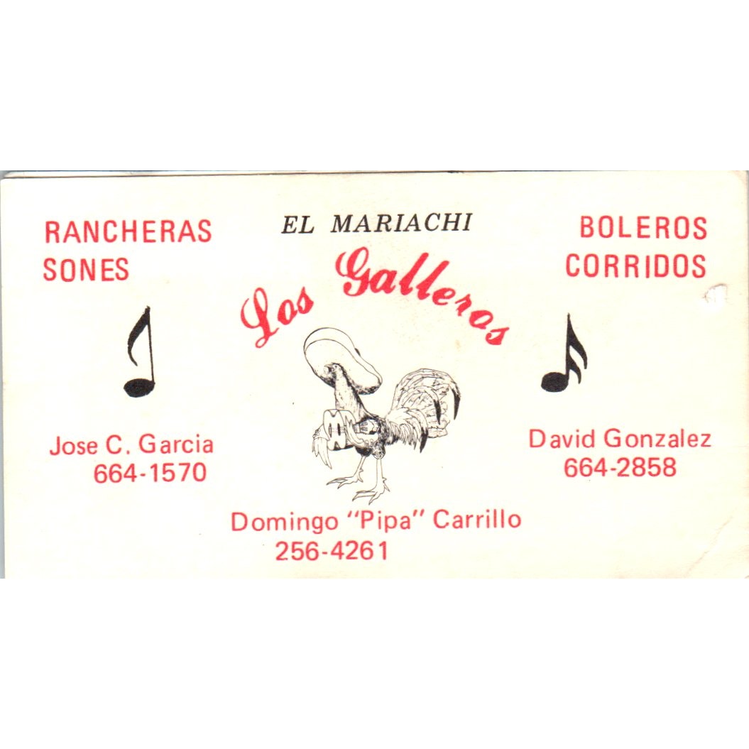 Los Galleros Mariachi Domingo Carrillo Jose Garcia Vintage Business Card SD8-B12