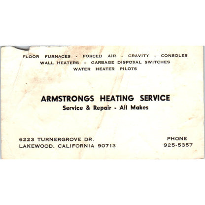 Armstrongs Heating Service Lakewood CA Vintage Business Card SD4-B1