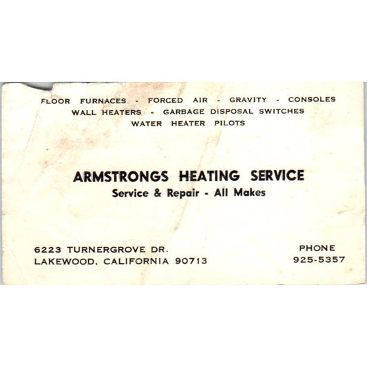 Armstrongs Heating Service Lakewood CA Vintage Business Card SD4-B1