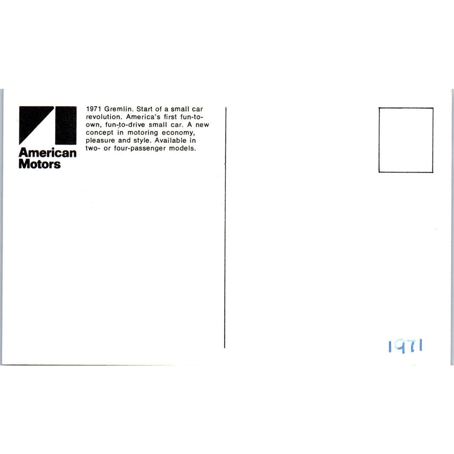 1971 American Motors Gremlin Promo Vintage Postcard PC6