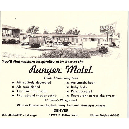 The Ranger Motel Colfax Ave Denver CO 1958 Ad AG1-H3