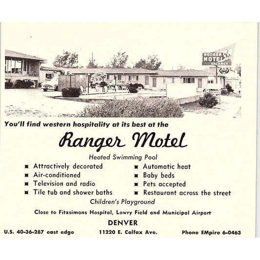 The Ranger Motel Colfax Ave Denver CO 1958 Ad AG1-H3