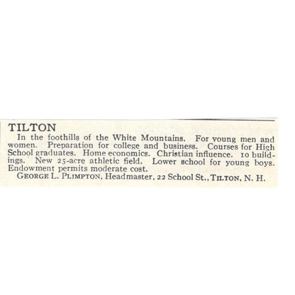 Tilton Prep School George L Plimpton Tilton NH 1924 Magazine Ad AD8-O7