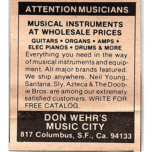 Don Wehr's Music City Instruments San Francisco CA 2x2 1974 Ad AF6-M1