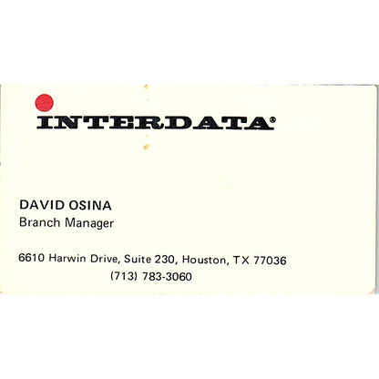 David Osina Interdata Houston TX Vintage Business Card SD9-B2