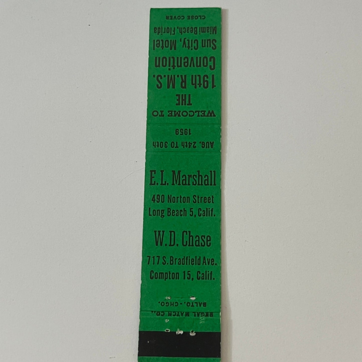 1959 RMS Convention E.L. marshall W.D. Chase Vintage Matchbook TB6-MB2-9