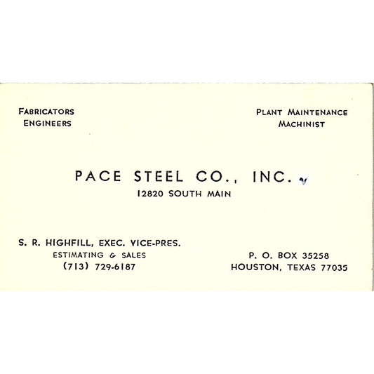 S.R. Highfill Pace Steel Co Inc Houston Vintage Business Card SC9-B12