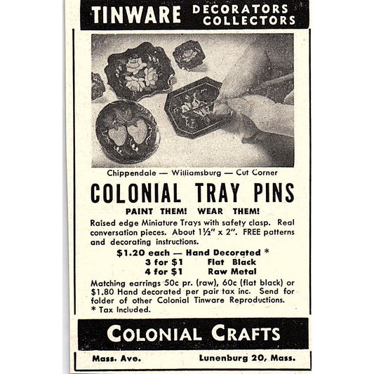 Colonial Crafts Tinware Decorators Lunenberg MA 1952 Yankee Magazine Ad SAG5-M2