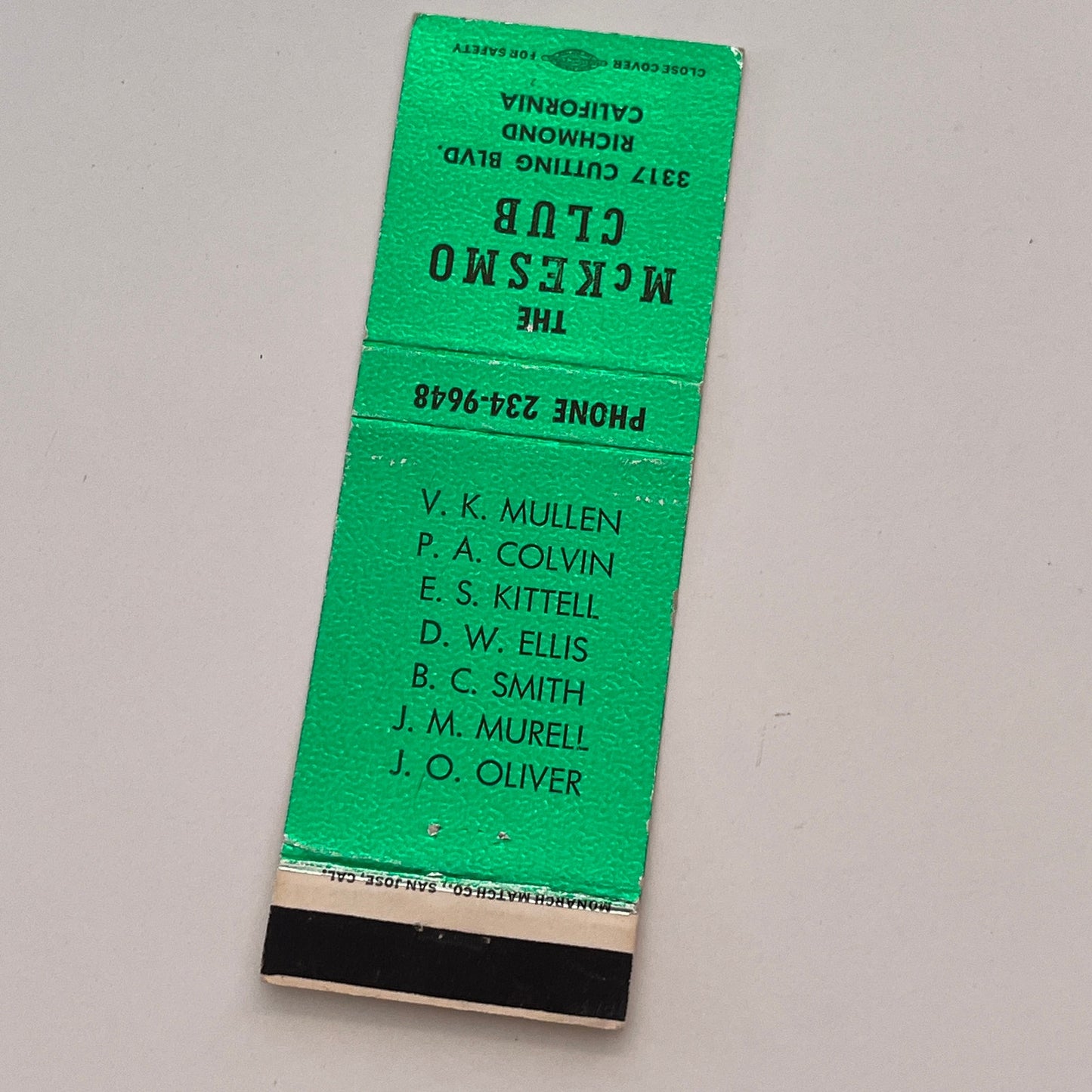 The McKesmo Club Richmond CA Vintage Matchbook Cover TB6-MB2-3
