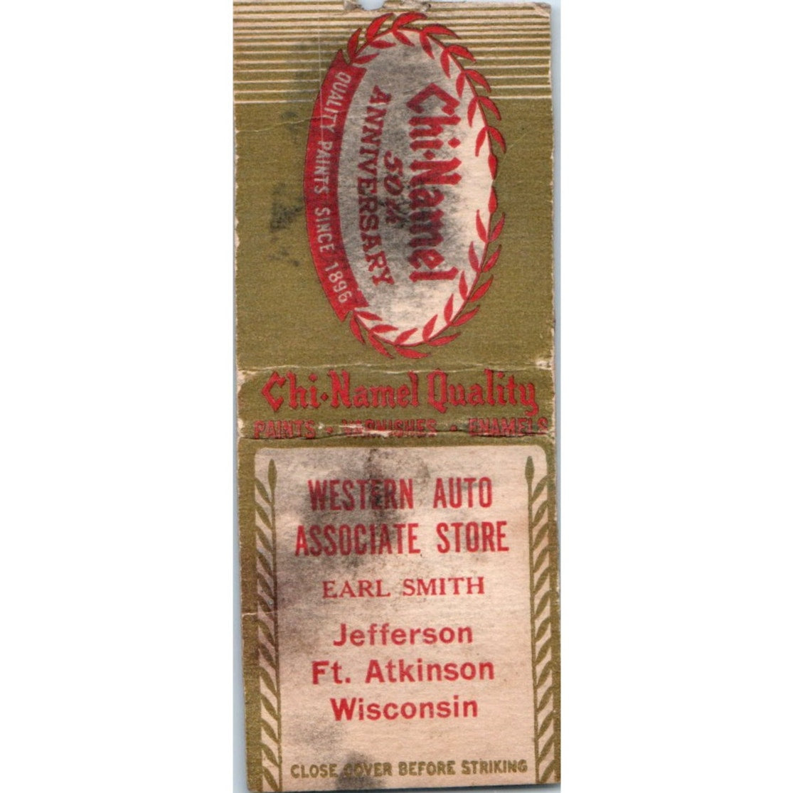 Chi-Namel Western Auto Store Earl Smith Ft. Atkinson Vintage Matchbook SF4-Y4