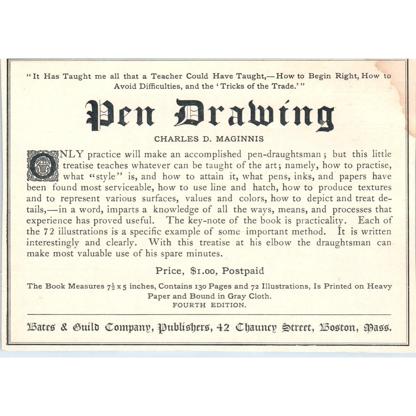 Charles D. Maginnis Pen Drawing Book Bates & Guild c1905 Victorian Ad AE9-MA4