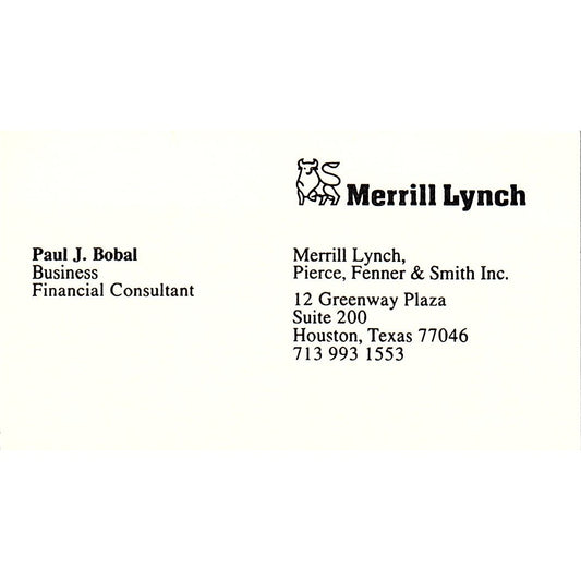 Merrill Lynch Paul J. Bobal Houston Texas Vintage Business Card SB4-B1