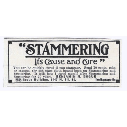 Stammering Stuttering Benjamin N. Bogue Indianapolis c1918 Advertisement AE5-SA2