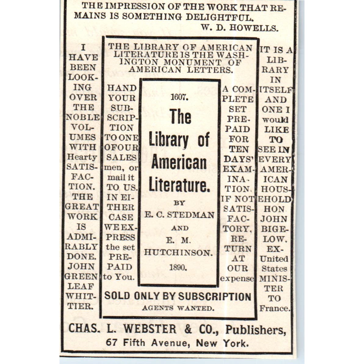 The Library of American Literature E.C. Stedman E.M. Hutchinson c1890 Ad AE8-CH5