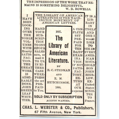 The Library of American Literature E.C. Stedman E.M. Hutchinson c1890 Ad AE8-CH5