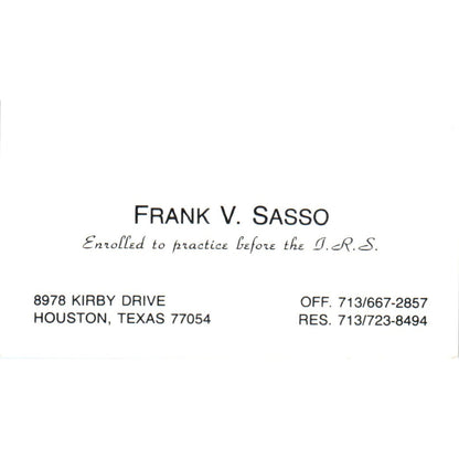 Frank V. Sasso CPA Houston TX Vintage Business Card SD8-B9