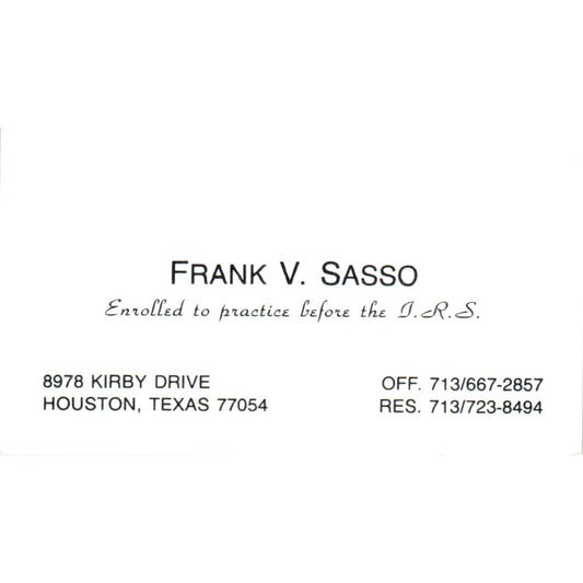 Frank V. Sasso CPA Houston TX Vintage Business Card SD8-B9