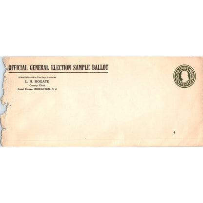 Official General Election Sample Ballot Bridgeton NJ L.H. Hogate Envelope TH9-L2