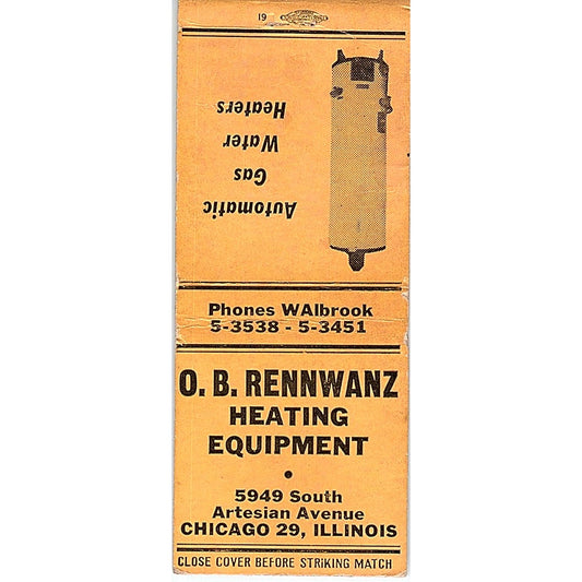 O.B. Rennwanz Heating Equipment Chicago IL Vintage Matchbook Cover SC7-Y6