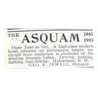 The Asquam Hotel Holderness NH Geo. E. Jewell c1918 Advertisement AE5-SV5