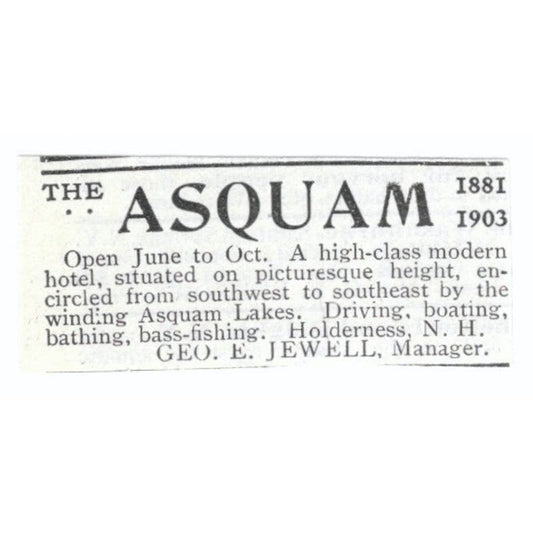 The Asquam Hotel Holderness NH Geo. E. Jewell c1918 Advertisement AE5-SV5