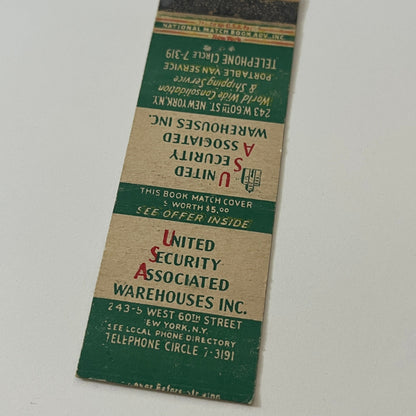 United Security Associated Warehouses Inc NY Vintage Matchbook Cover TB6-MB2-5