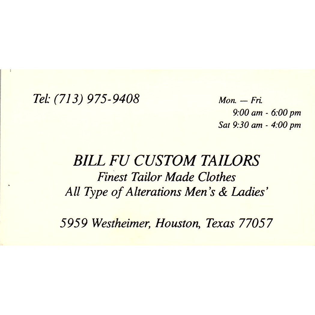Bill Fu Custom Tailors Houston Vintage Business Card SC9-B5