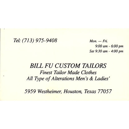 Bill Fu Custom Tailors Houston Vintage Business Card SC9-B5