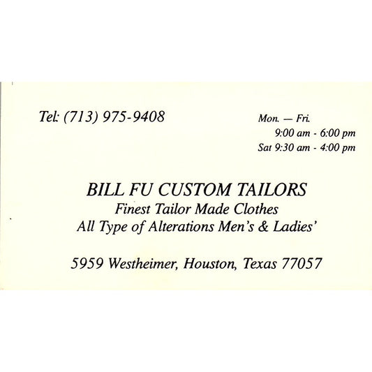 Bill Fu Custom Tailors Houston Vintage Business Card SC9-B5