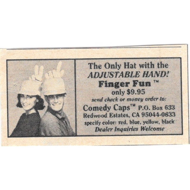 Finger Fun Adjustable Novelty Hat- Comedy Caps Redwood Estates CA 1984 Ad AF8-S7