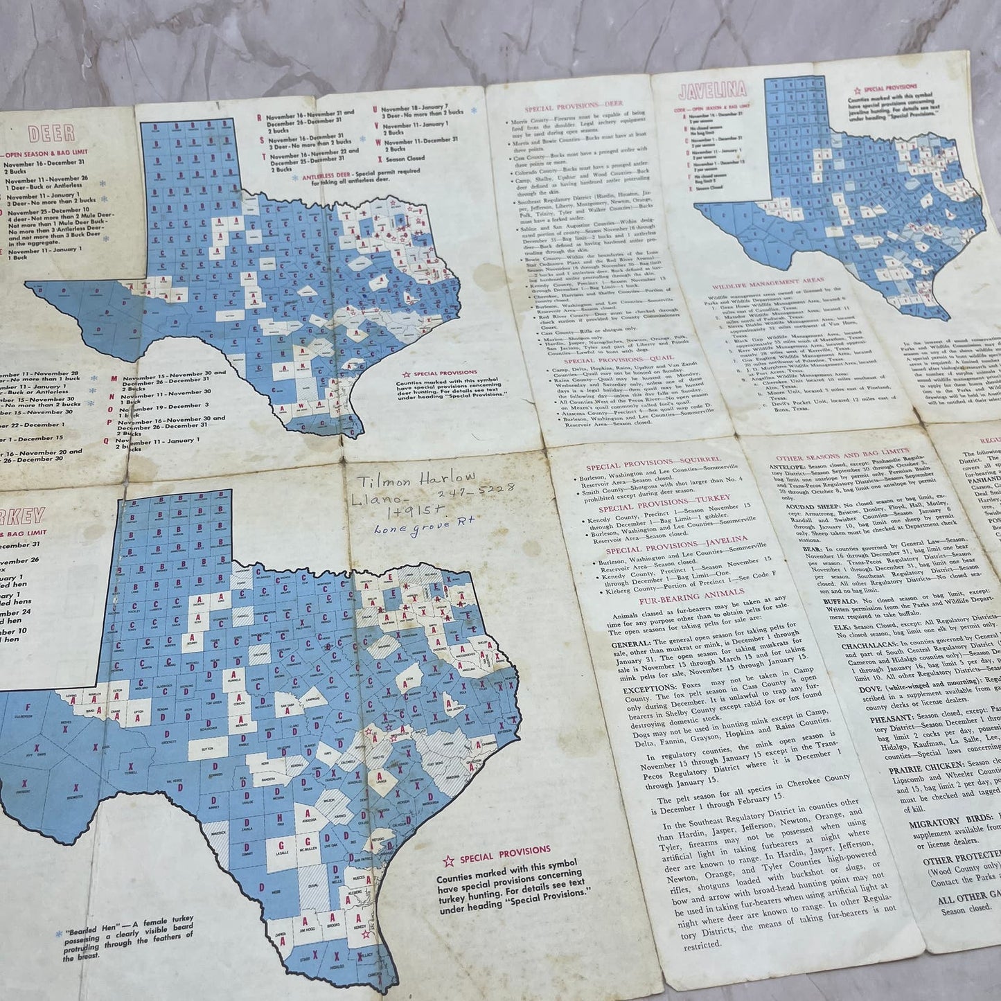 1967-68 Texas Hunting Guide Fold Out Brochure TG8-VV