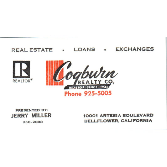 Cogburn Realty Co Jerry Miller Bellflower CA Vintage Business Card SD8-B1