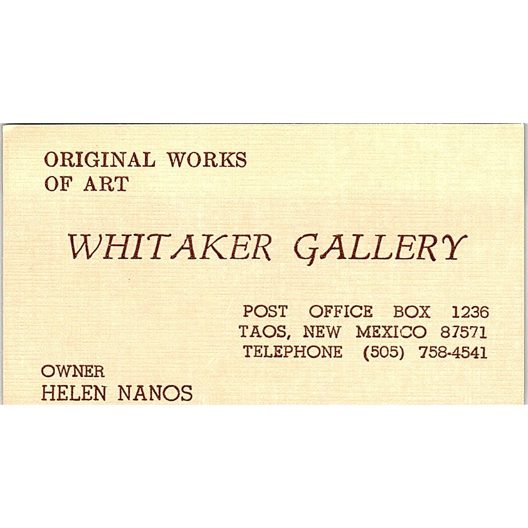 Whitaker Gallery Helen Nanos Taos NM Vintage Business Card SD9-B4