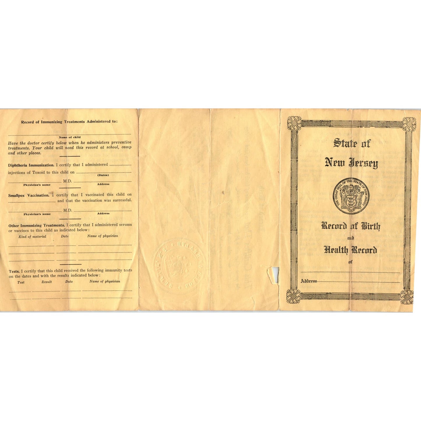 State of New Jersey Record of Birth and Health Joseph Leonard Arendt 1955 AB9