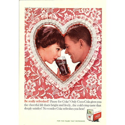 Valentine's Romance Couple Lace Heart 1960 Coca-Cola Coke Ad 6.75x10 V18